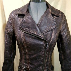 MAURICES Pleather Moto Jacket XS Brown trendy Zipper pockets Sexy coat Motorcycl